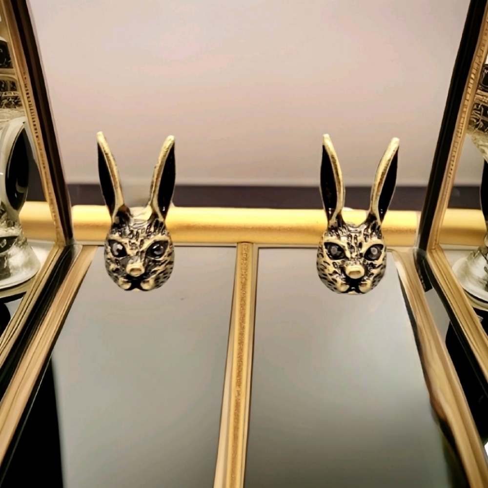 Vintage Estate Bunny Rabbit Crystal Stud Gold Earrings - Picture 16 of 16